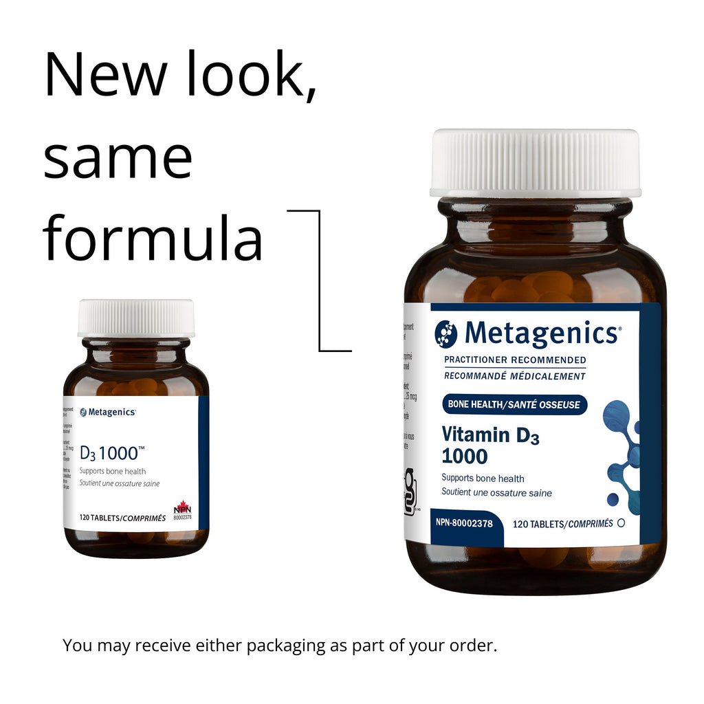 Two Metagenics Vitamin D3 1000 bottles on a white background with text indicating 'New look, same formula'.