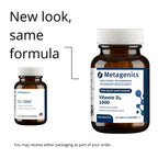 Two Metagenics Vitamin D3 1000 bottles on a white background with text indicating 'New look, same formula'.