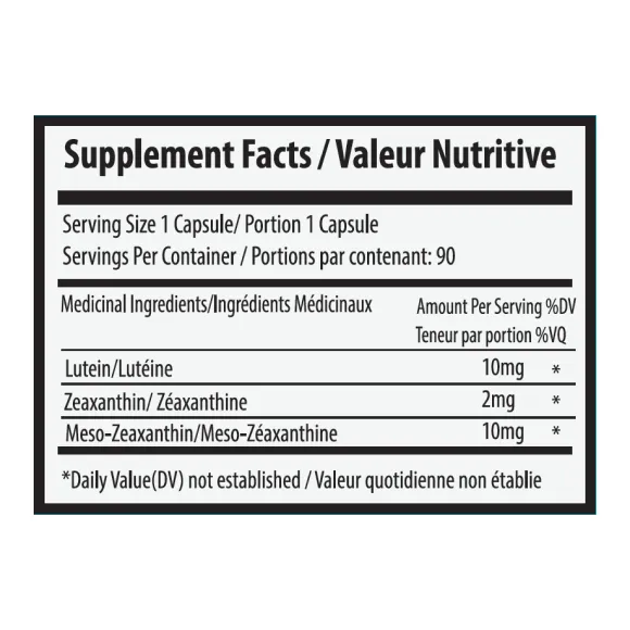 Supplement facts label for capsules with Lutein, Zeaxanthin, and Meso-Zeaxanthin on a white background.