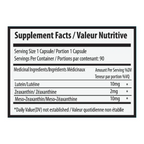 Supplement facts label for capsules with Lutein, Zeaxanthin, and Meso-Zeaxanthin on a white background.