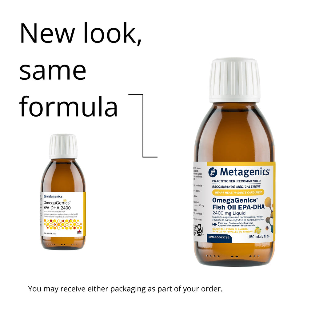 Two bottles of Metagenics OmegaGenics Fish Oil EPA-DHA on a white background with text indicating 'New look, same formula'.