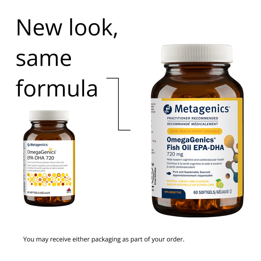 Two bottles of Metagenics OmegaGenics Fish Oil EPA-DHA on a white background with text 'New look, same formula'.