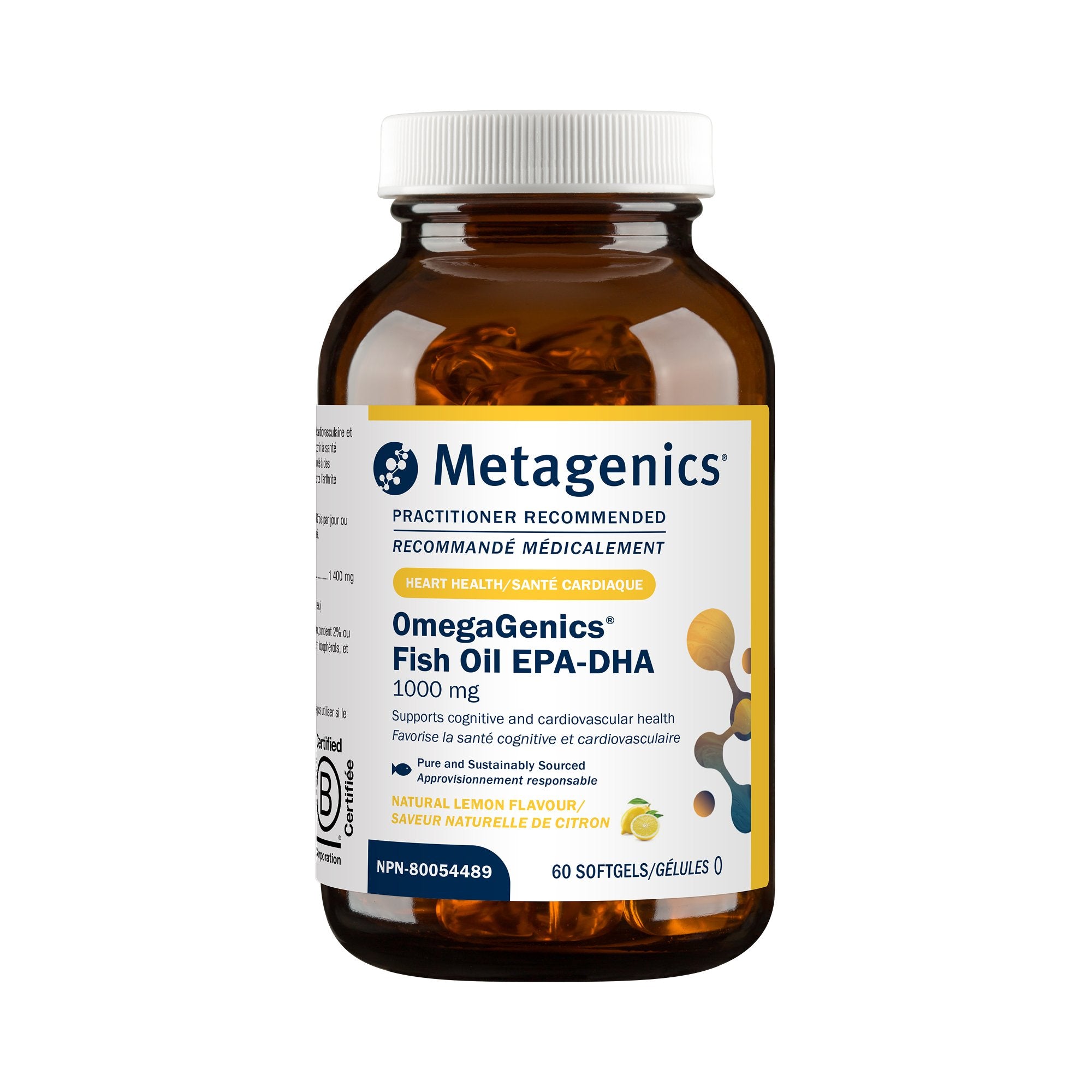 Metagenics OmegaGenics Fish Oil EPA-DHA supplement bottle on a white background