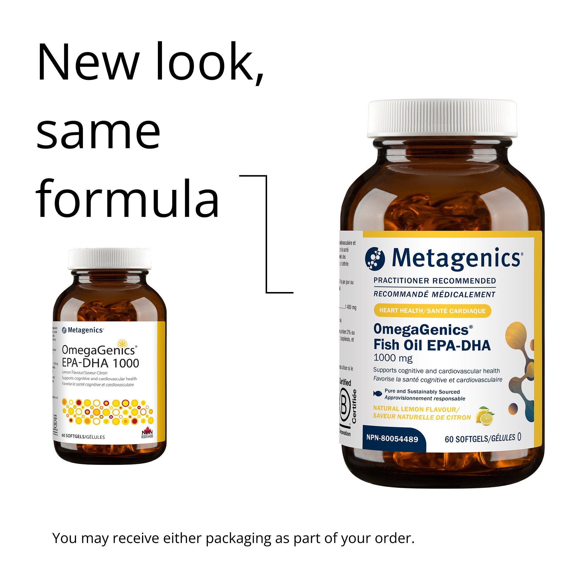 Two Metagenics OmegaGenics Fish Oil bottles with text indicating 'New look, same formula'.