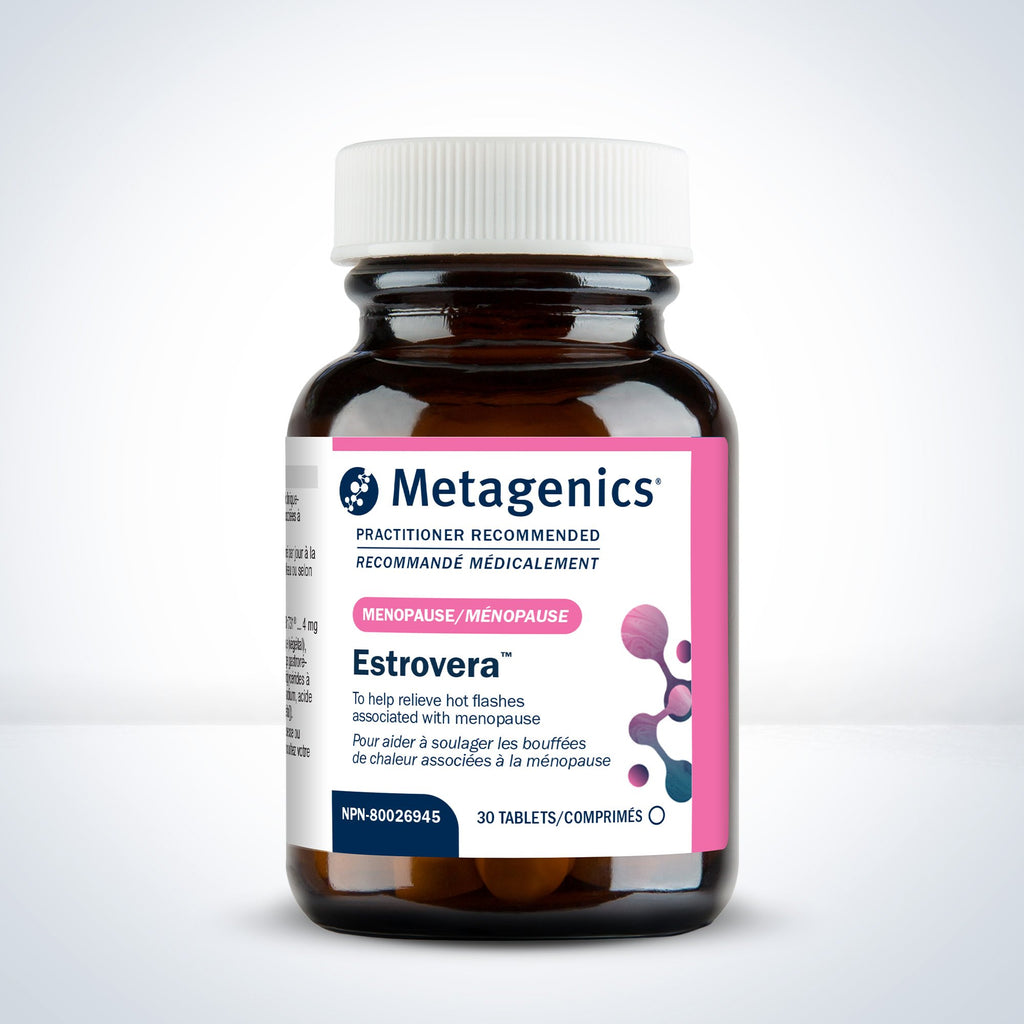 Metagenics Estrovera supplement bottle on a white background