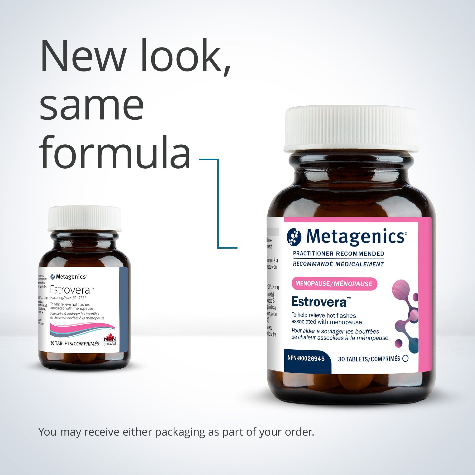 Two bottles of Metagenics Estrovera on a light gray background with text 'New look, same formula'.