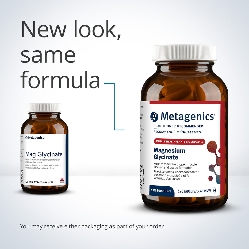 Two bottles of Metagenics Magnesium Glycinate on a light gray background with text 'New look, same formula'.