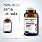 Two bottles of Metagenics Magnesium Glycinate on a light gray background with text 'New look, same formula'.