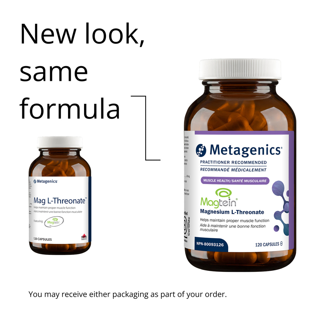 Two Metagenics supplement bottles with text indicating 'New look, same formula'.