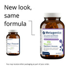 Two Metagenics supplement bottles with text indicating 'New look, same formula'.