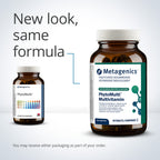 Two Metagenics PhytoMulti Multivitamin bottles on a light gray background with text about new packaging.