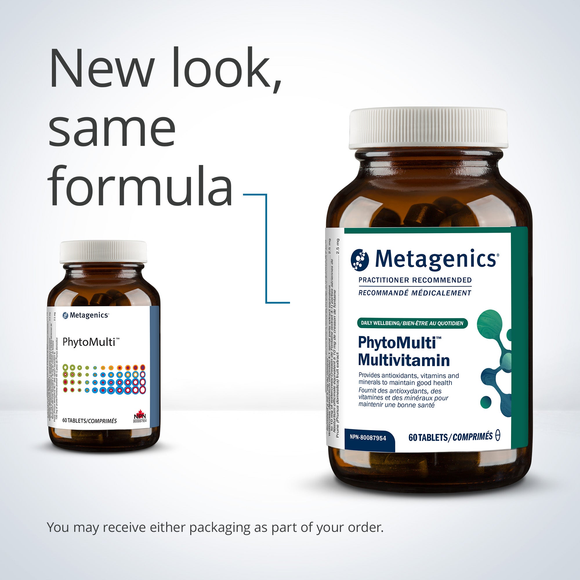 Two Metagenics PhytoMulti Multivitamin bottles on a light gray background with text about new packaging.