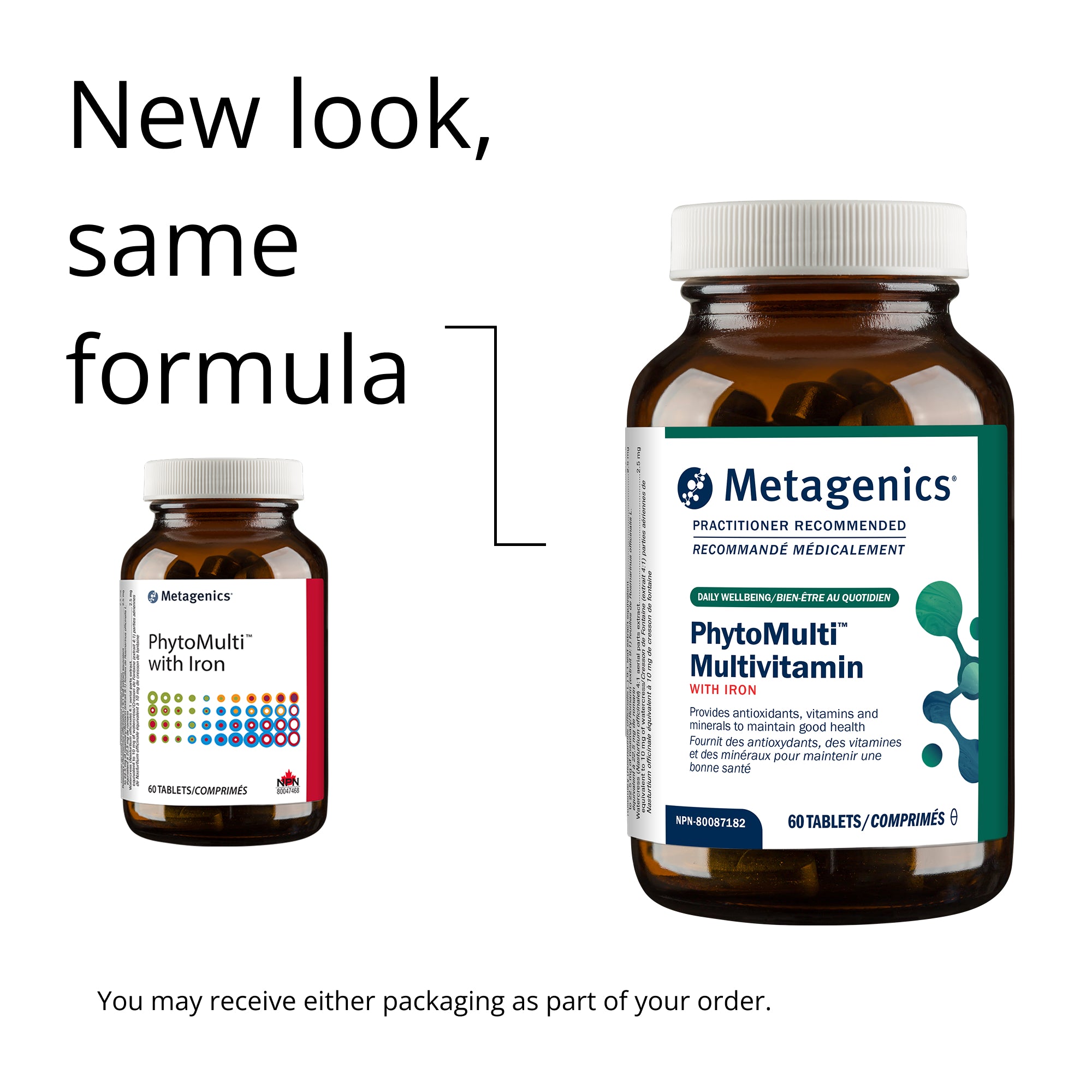 Two Metagenics PhytoMulti Multivitamin bottles with text indicating 'New look, same formula'.