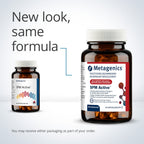 Two Metagenics SPM Active supplement bottles on a light gray background with text about new packaging.