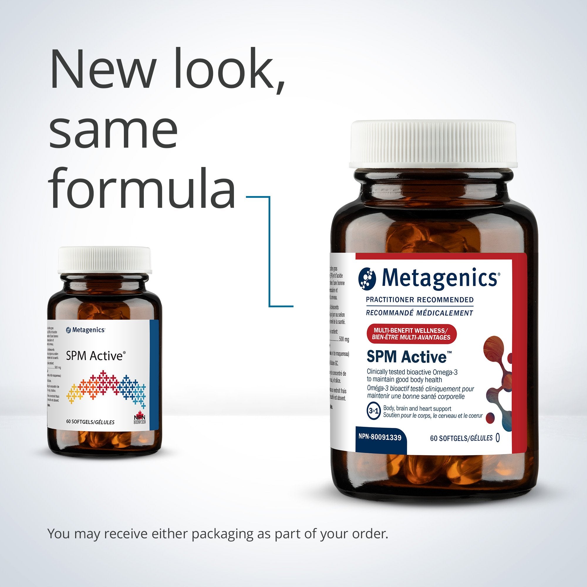Two Metagenics SPM Active supplement bottles on a light gray background with text about new packaging.
