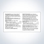 Product label with text on a white background