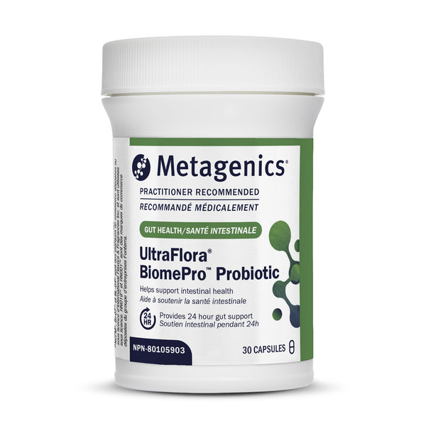 Metagenics UltraFlora BiomePro Probiotic container on a white background