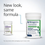 Two containers of Metagenics UltraFlora BiomePro Probiotic on a light gray background with text 'New look, same formula'.