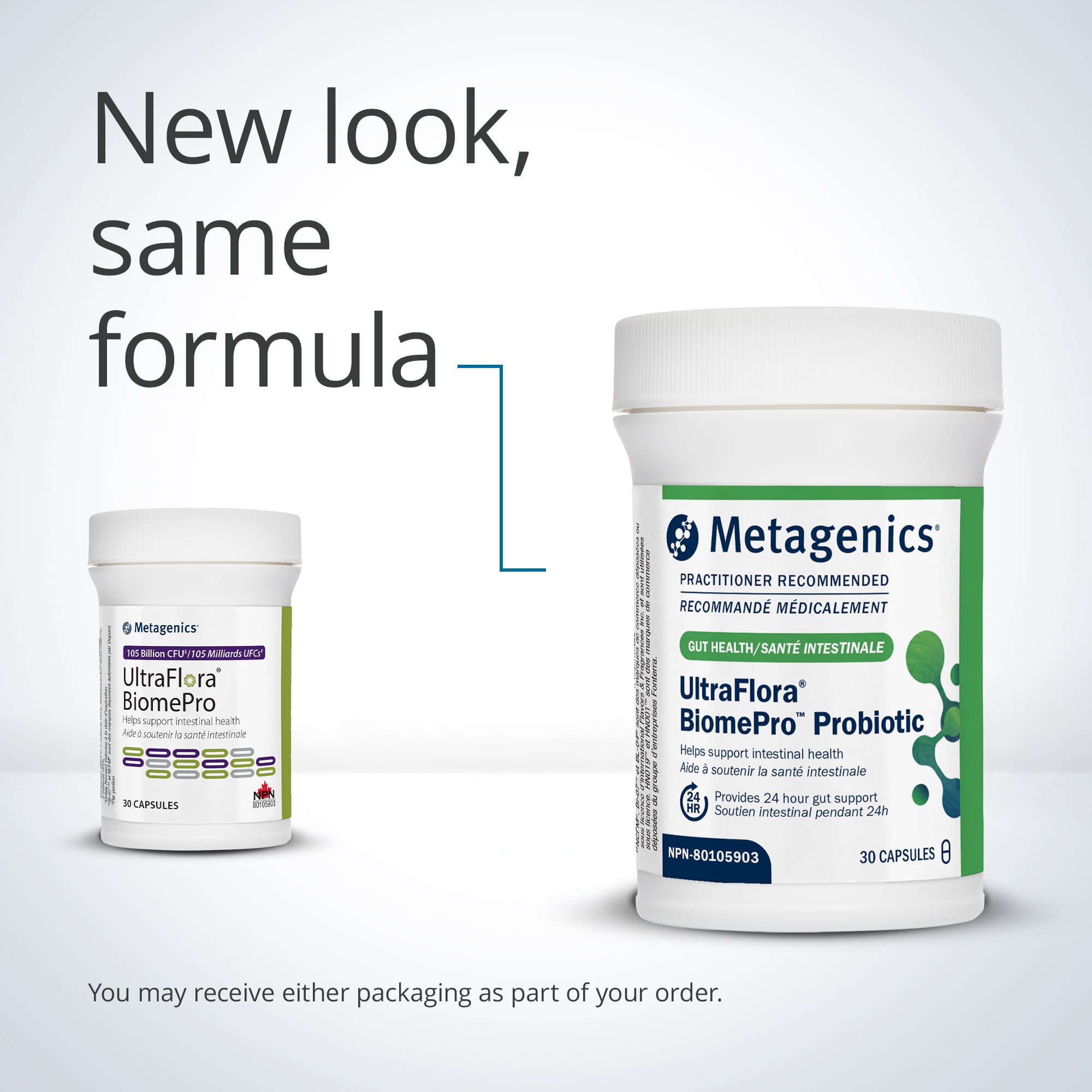 Two containers of Metagenics UltraFlora BiomePro Probiotic on a light gray background with text 'New look, same formula'.