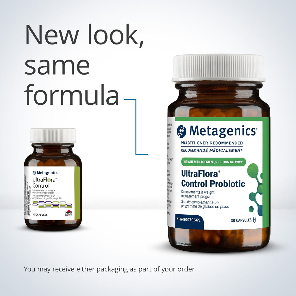 Two Metagenics UltraFlora Control Probiotic bottles on a light gray background with text 'New look, same formula'.