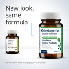 Two Metagenics UltraFlora Control Probiotic bottles on a light gray background with text 'New look, same formula'.