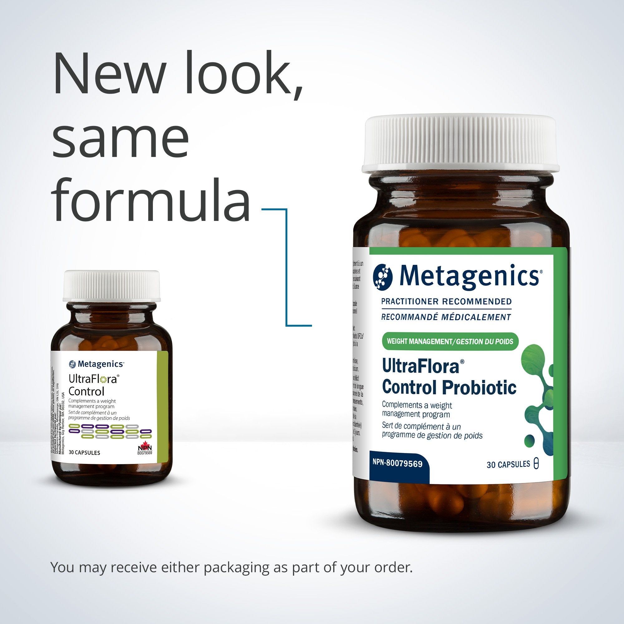 Two Metagenics UltraFlora Control Probiotic bottles on a light gray background with text 'New look, same formula'.