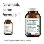 Two bottles of Metagenics UltraFlora Balance Probiotic with text 'New look, same formula'.