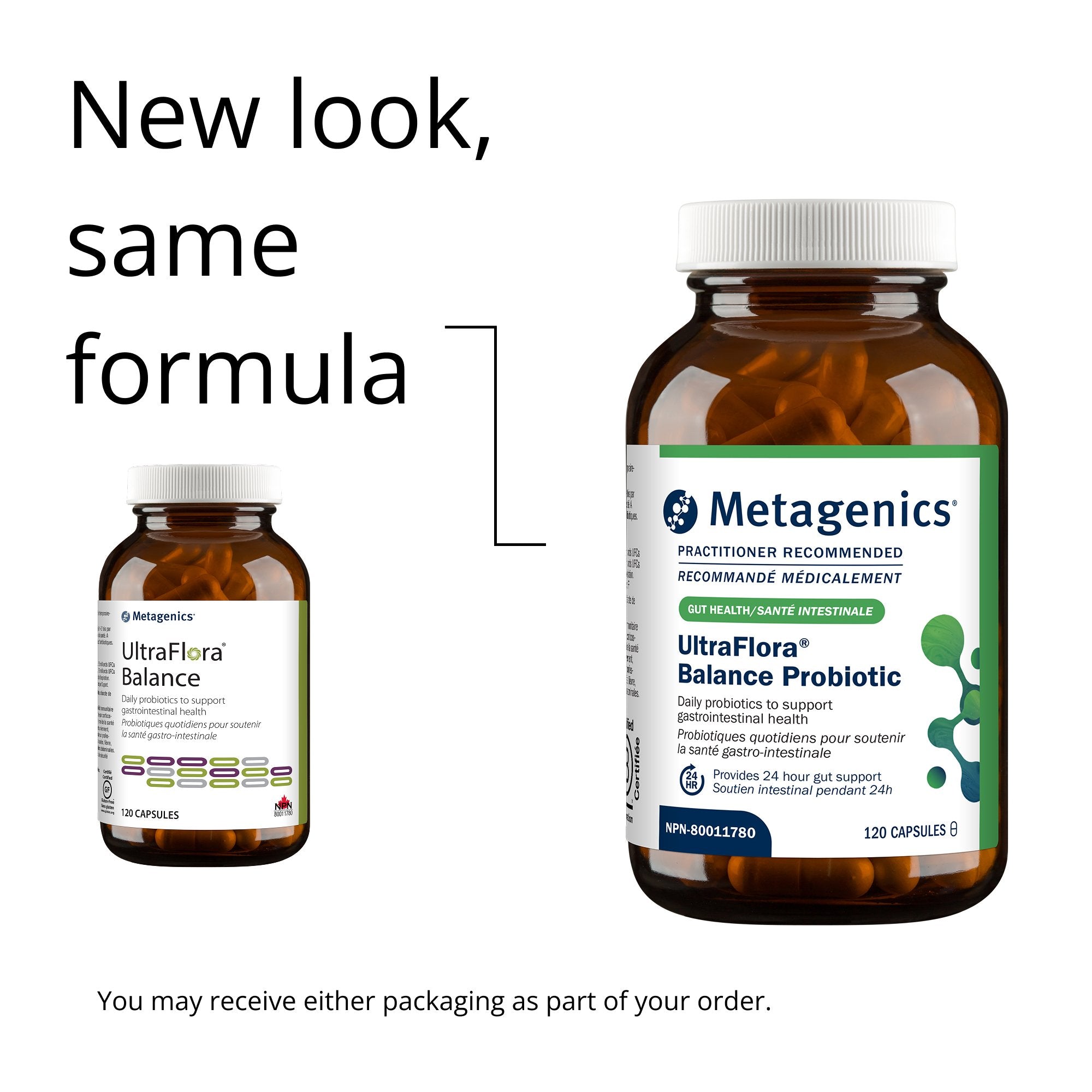 Two bottles of Metagenics UltraFlora Balance Probiotic with text 'New look, same formula'.