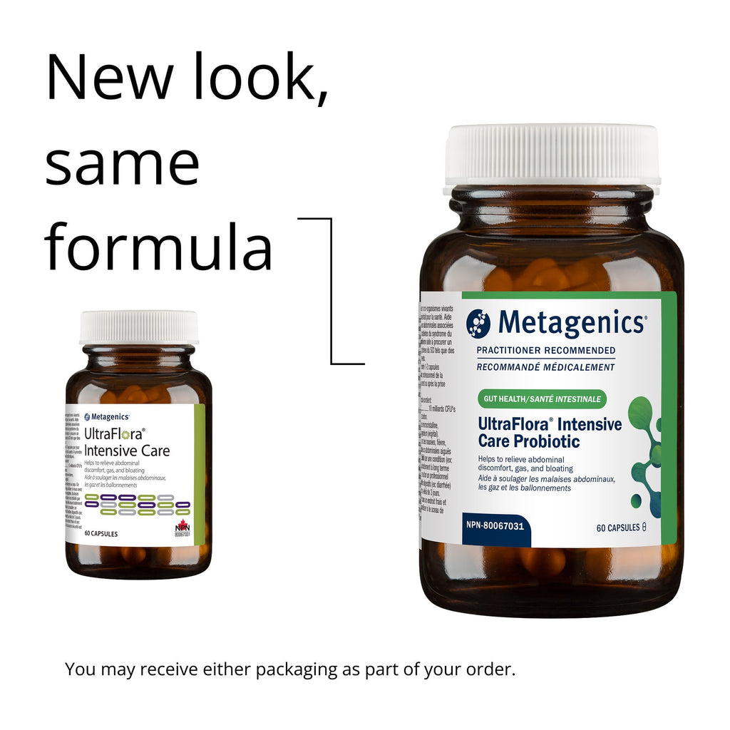 Two Metagenics UltraFlora Intensive Care bottles with text 'New look, same formula'.