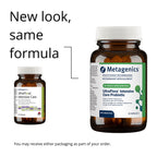 Two Metagenics UltraFlora Intensive Care bottles with text 'New look, same formula'.