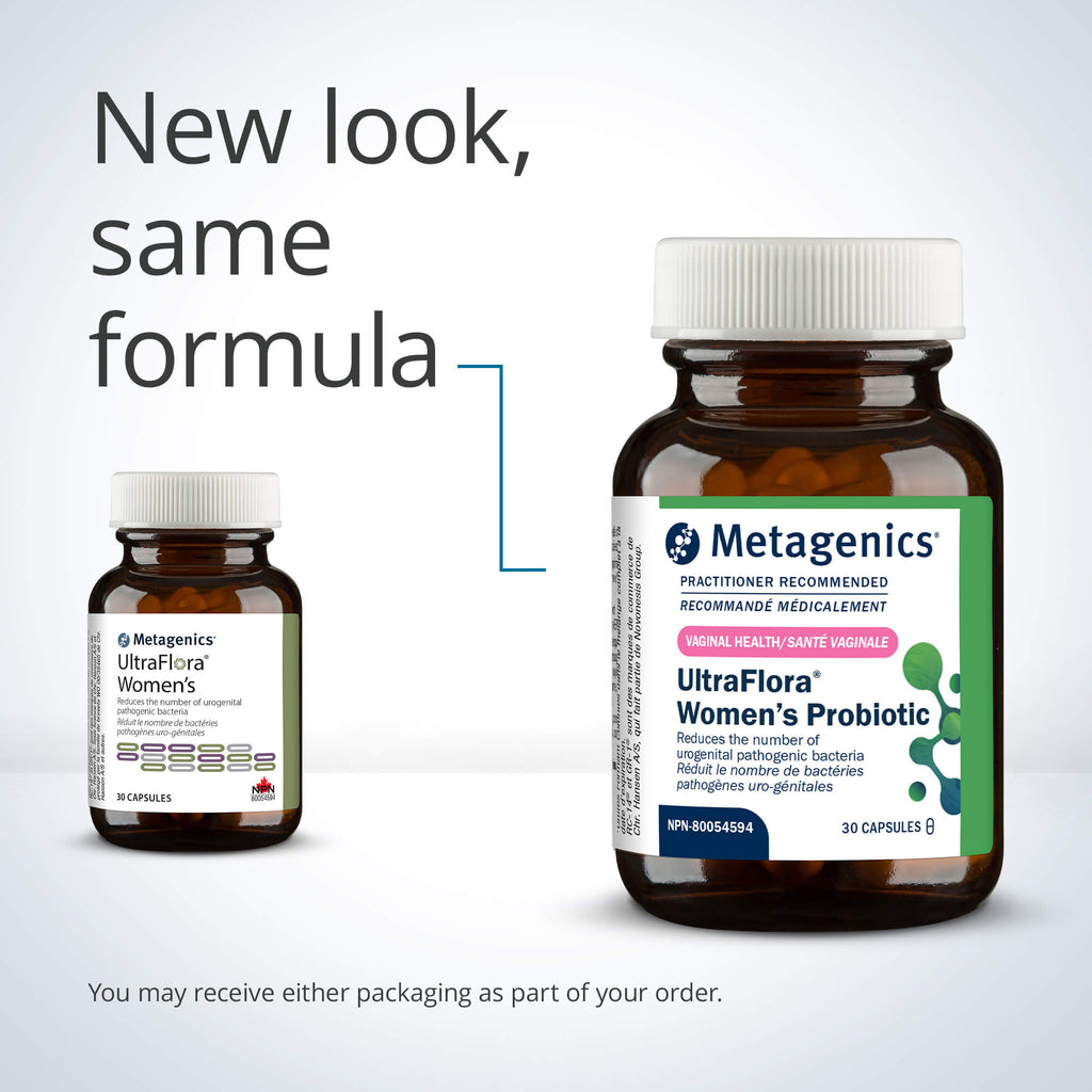 Two bottles of Metagenics UltraFlora Women's Probiotic on a light gray background with text 'New look, same formula'.