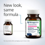 Two bottles of Metagenics UltraFlora Women's Probiotic on a light gray background with text 'New look, same formula'.