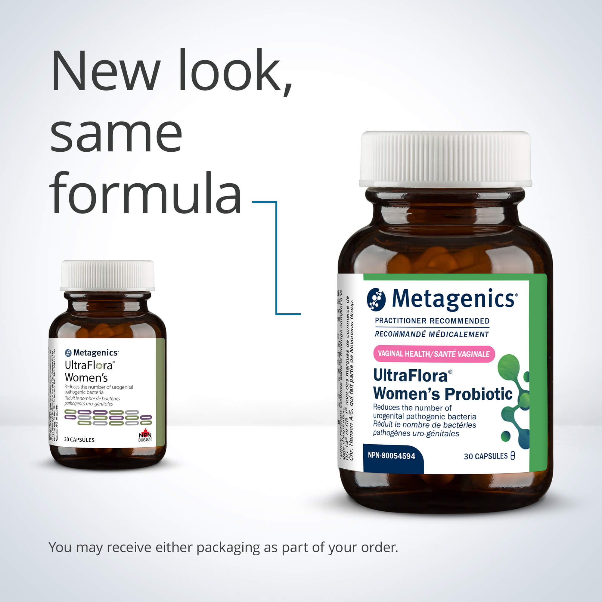 Two bottles of Metagenics UltraFlora Women's Probiotic on a light gray background with text 'New look, same formula'.