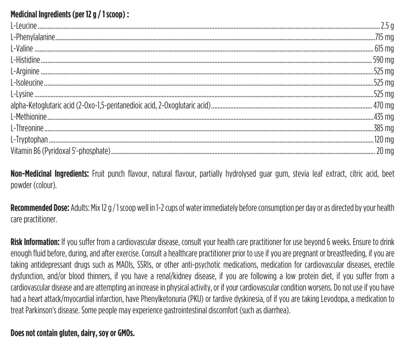 Nutritional supplement label with detailed ingredient list and dosing information.
