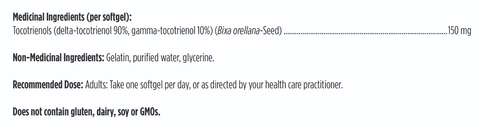 Product label with medicinal and non-medicinal ingredients, recommended dose, and allergen information.