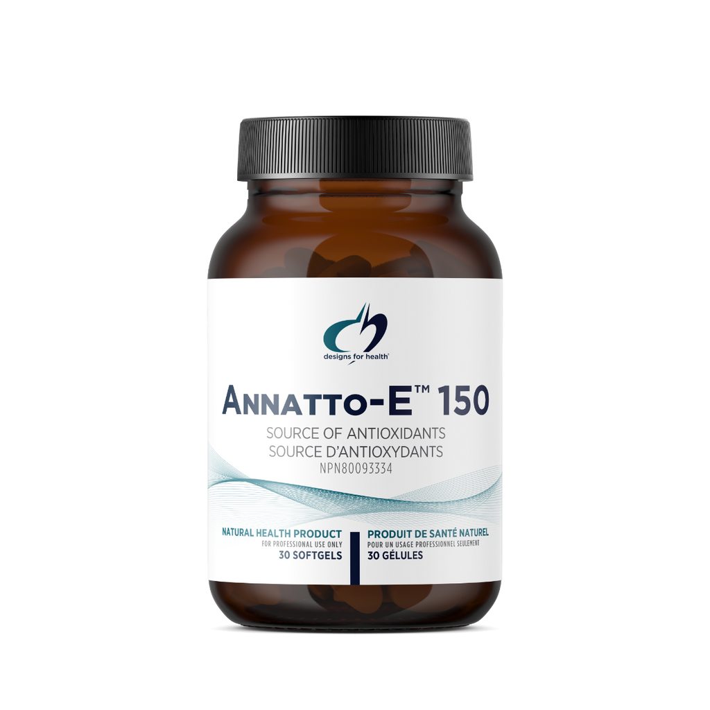 Brown supplement bottle labeled 'ANNATTO-E 150' on a white background