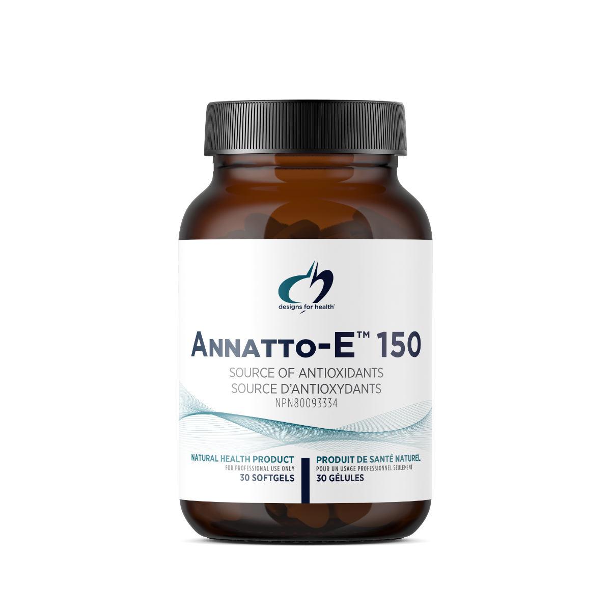 Brown supplement bottle labeled 'ANNATTO-E 150' on a white background
