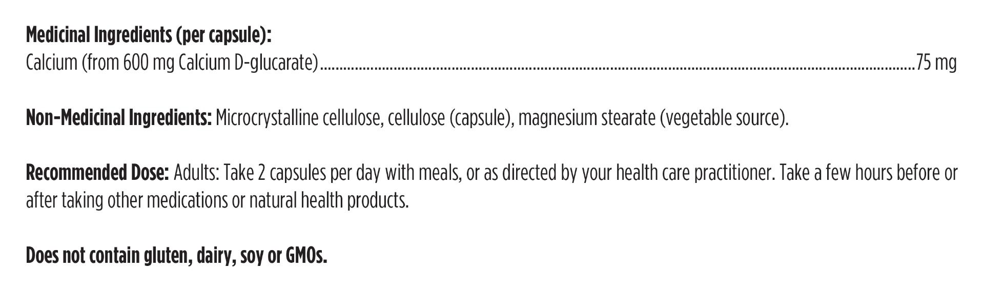 Text detailing medicinal ingredients, non-medicinal ingredients, recommended dose, and allergen information on a capsule label.