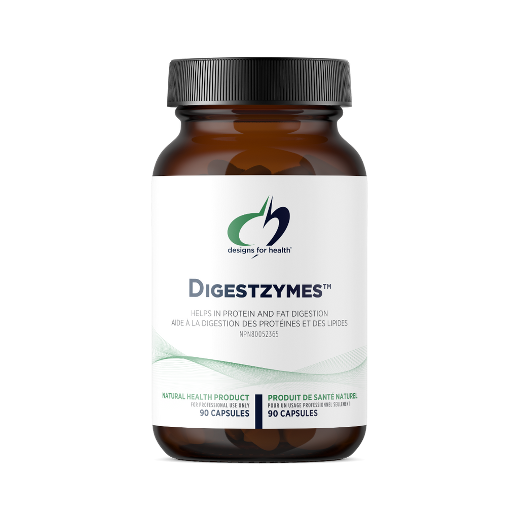 Brown supplement bottle labeled 'Digestzymes' with a white label on a white background
