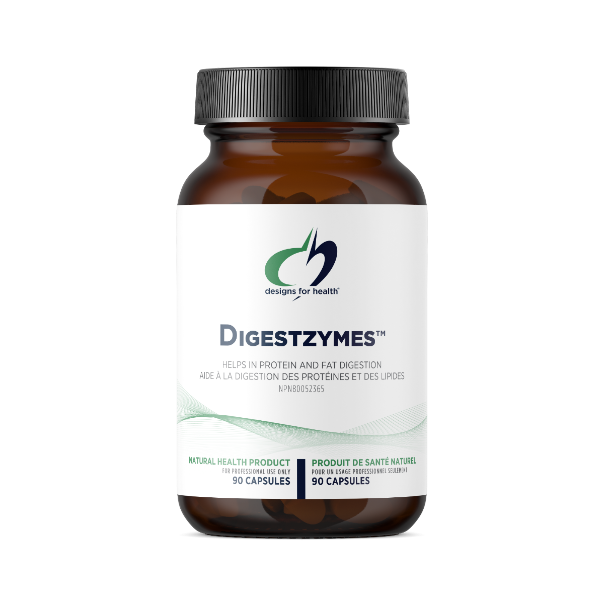 Brown supplement bottle labeled 'Digestzymes' with a white label on a white background