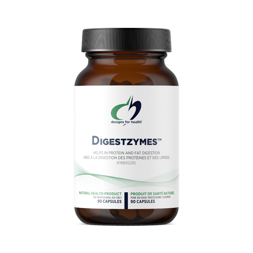 Brown supplement bottle labeled 'Digestzymes' with a white label on a white background