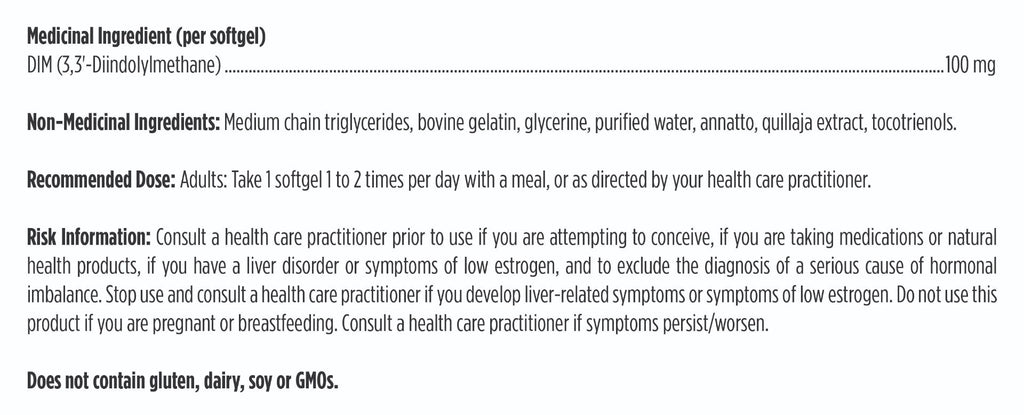 Product label with medicinal and non-medicinal ingredients, recommended dose, and risk information.