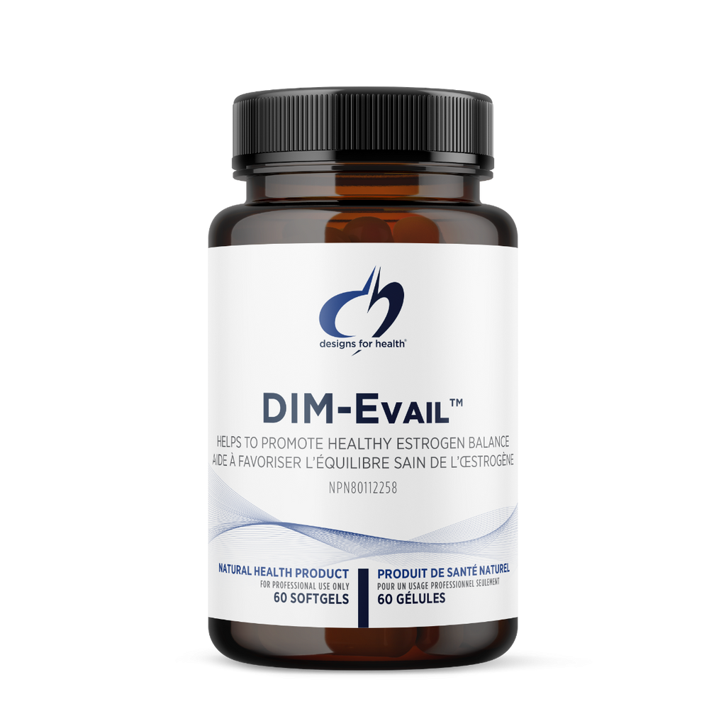 DIM-Evail supplement bottle with white label on a white background