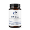 DIM-Evail supplement bottle with white label on a white background