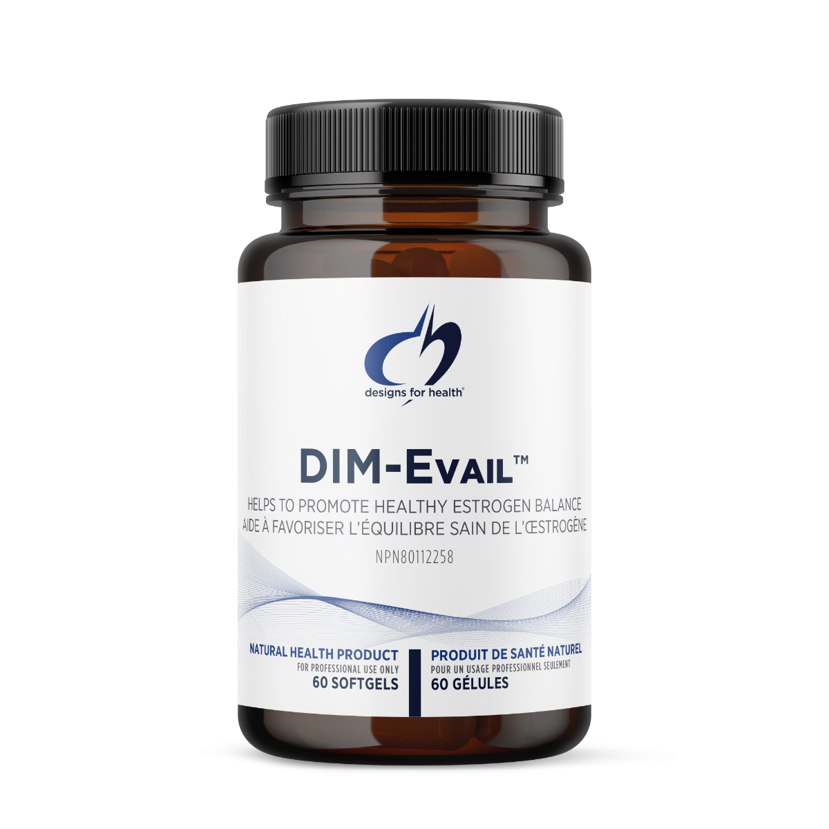 DIM-Evail supplement bottle with white label on a white background