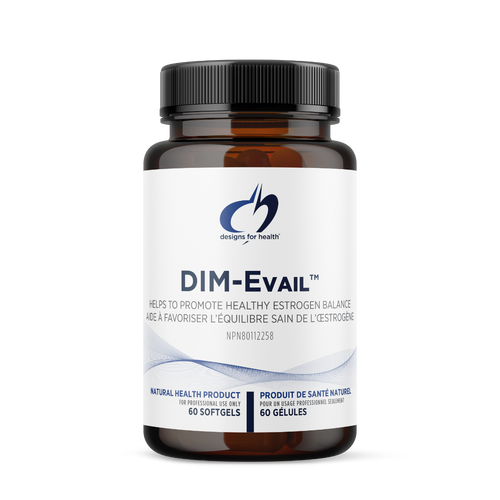 DIM-Evail supplement bottle with white label on a white background