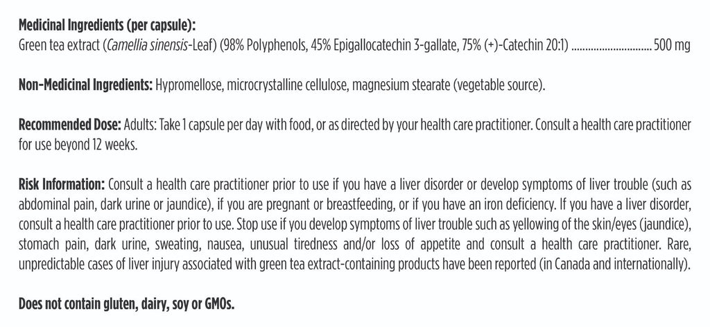 Product label with medicinal and non-medicinal ingredients, recommended dose, and risk information.