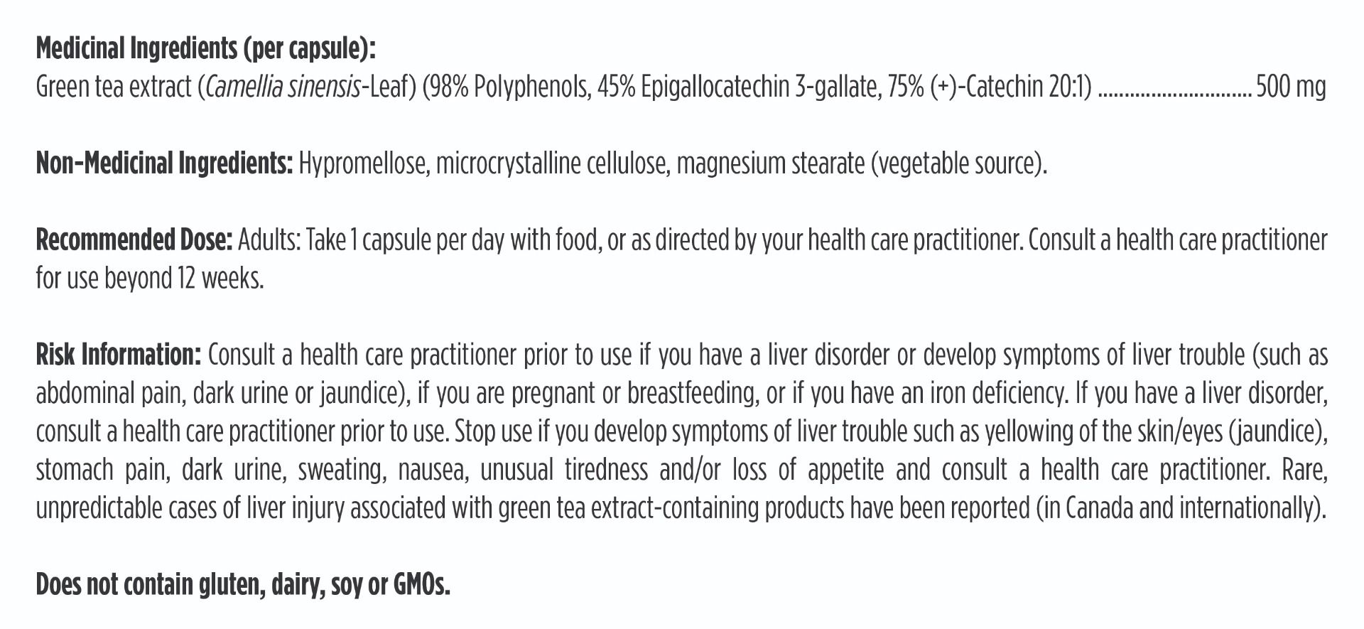 Product label with medicinal and non-medicinal ingredients, recommended dose, and risk information.