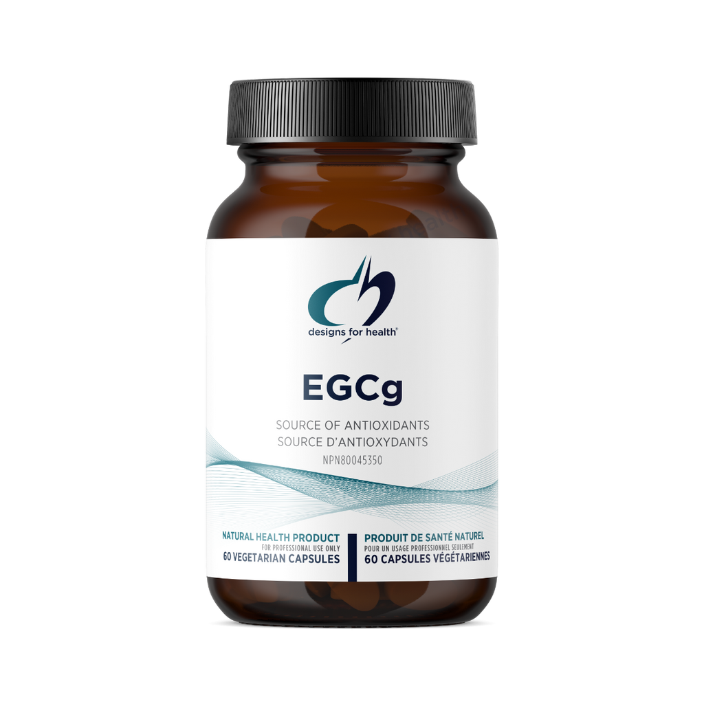 Bottle of EGCg supplement with a white label on a white background