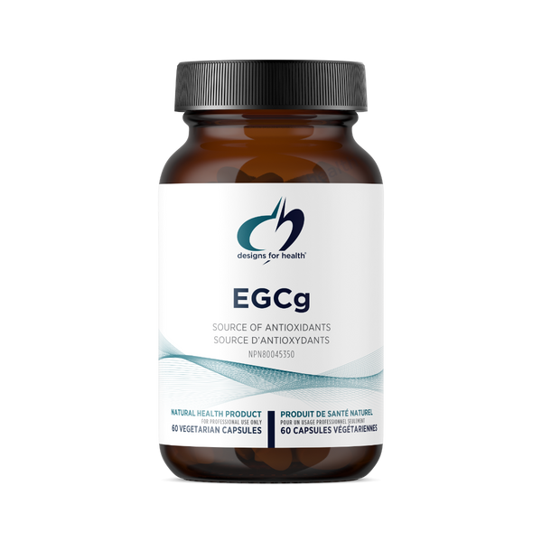 Bottle of EGCg supplement with a white label on a white background